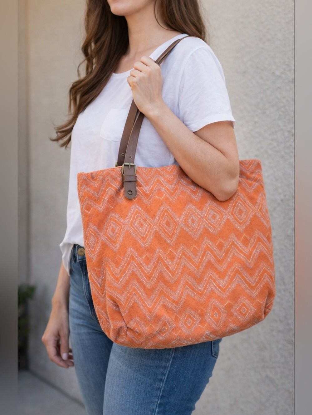 Prana Woven Boho Geometric Tote with Leather Straps